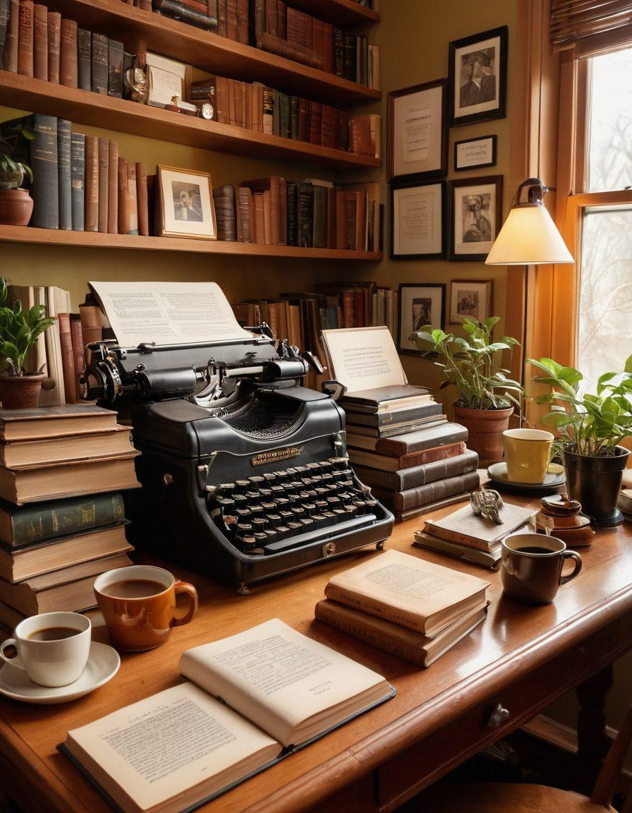 A cozy writer's nook filled with vintage typewriters and stacks of books, with an open laptop showing a video call in progress, capturing a lively conversation between an interviewer and a renowned author. Soft natural light floods the room, illuminating framed literary quotes on the walls. Include elements such as coffee cups and personal memorabilia to enhance the intimate atmosphere. warm colors. super-realistic.