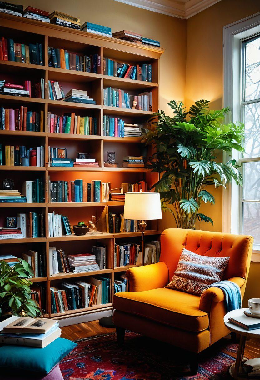 A cozy reading nook featuring a comfortable armchair surrounded by piles of colorful books, with a warm, inviting light illuminating a vibrant bookshelf in the background. Include diverse individuals engaged in animated discussions, holding cups of steaming coffee, depicting a lively literary community. Enrich the scene with plants and art on the walls for added warmth. super-realistic. vibrant colors. cozy atmosphere.