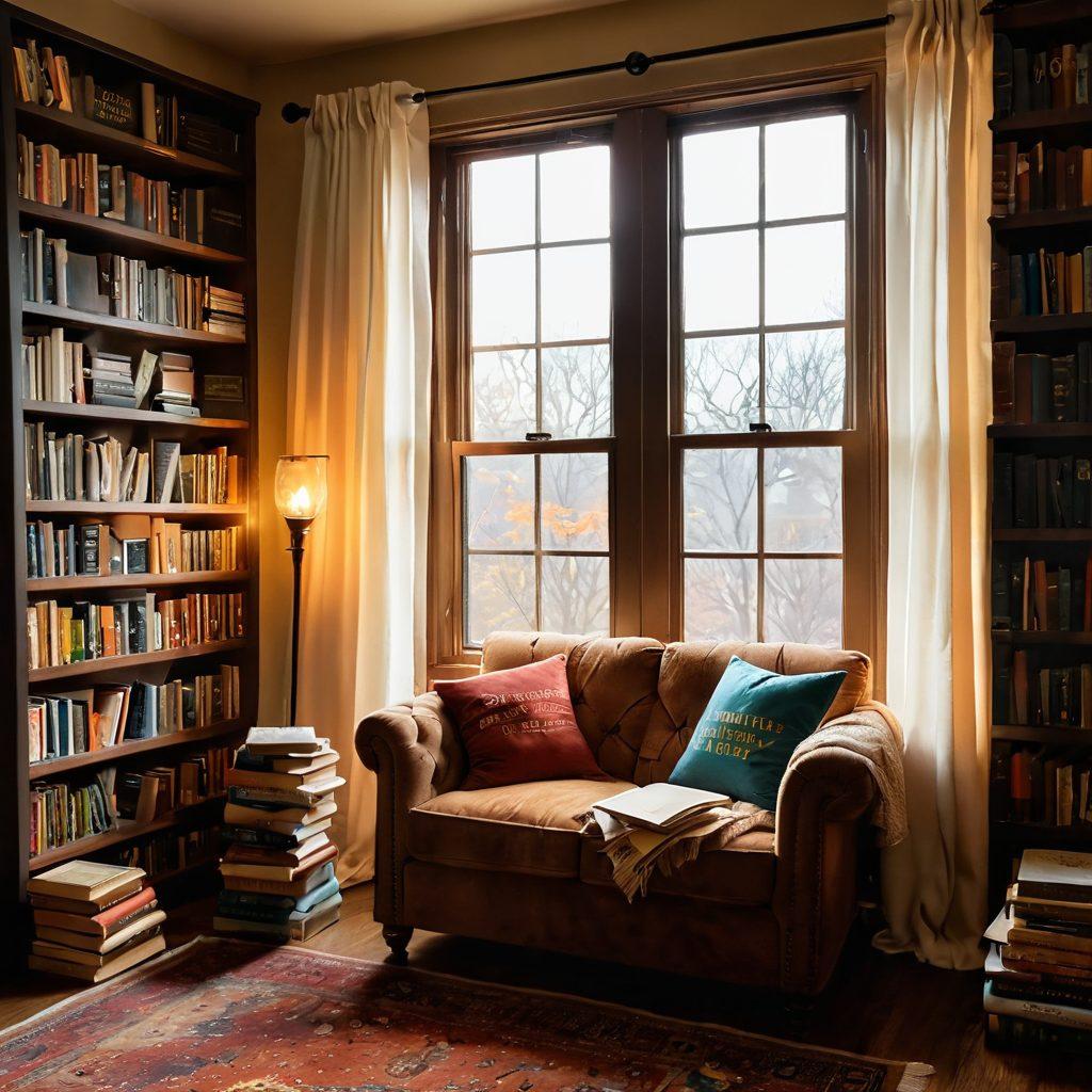 A cozy reading nook with a plush armchair, a stack of colorful books, and a steaming cup of tea, surrounded by literary quotes floating in the air. A warm light filters through a large window adorned with soft curtains, creating an inviting atmosphere for readers. In the background, silhouettes of famous authors and book covers hint at literary insights. super-realistic. warm colors. vibrant details.